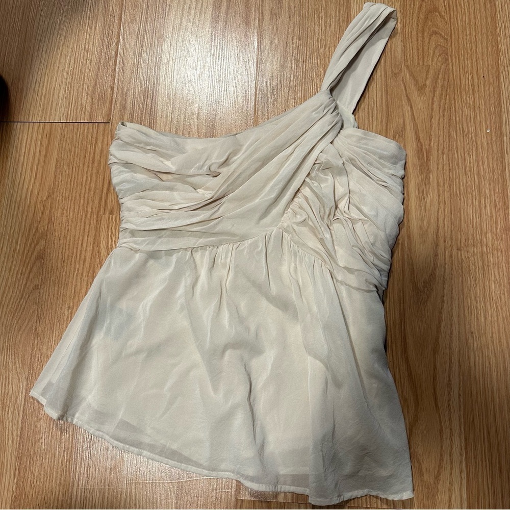 Bebe Mulberry Silk One Shoulder Strap Cream Ivory Bridal Romantic Flowy Blouse